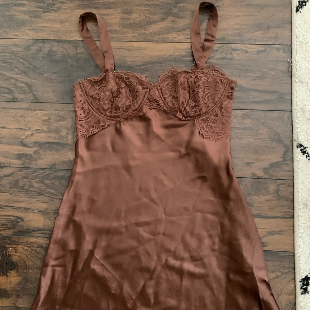 Forever 21 Satin Brown Chemise with Lace Detail